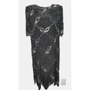 VTG 80s Argenti Dress Womens 6 Black Silver 100% Silk Sequin Beaded Glam Dynasty
